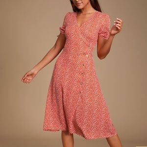 Red & white button-up midi wrap dress